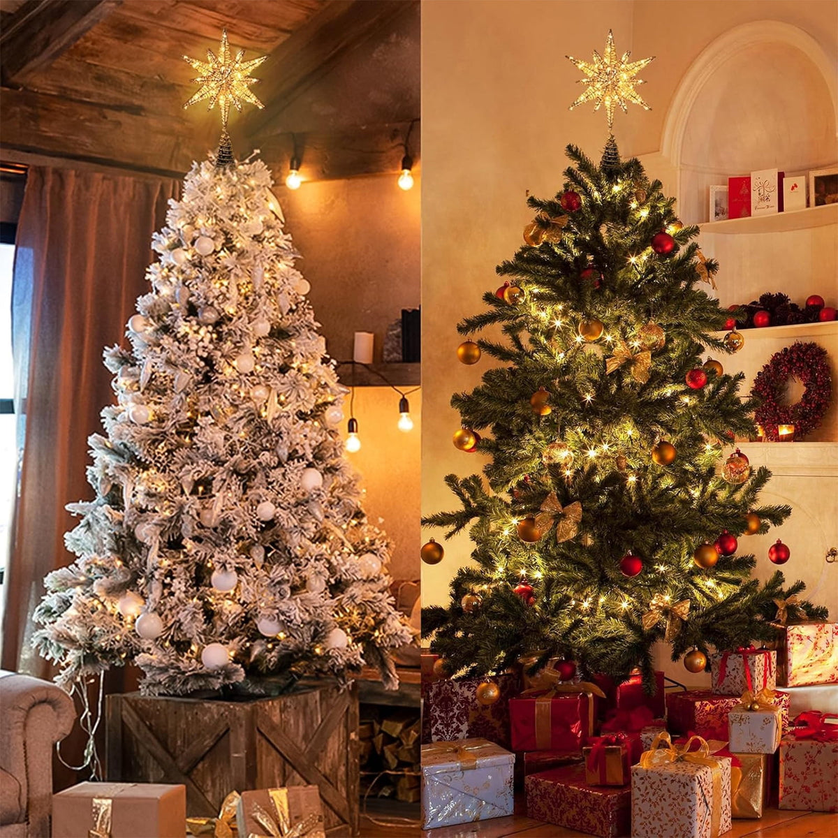 Christmas Tree Topper, LED Lighted Tree Topper, 11.41Inches Double-Layer Glitter Metal 3D Decorations Lights, Ornaments for Home Party(Gold)