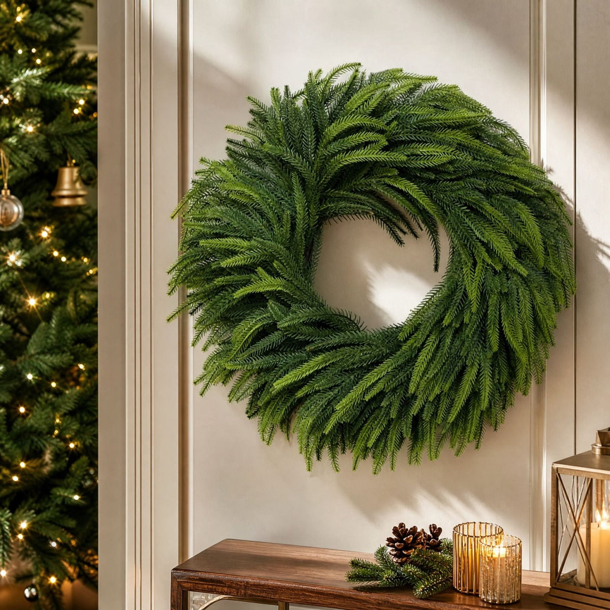 19.68in Christmas Norfolk Pine Wreath for Front Door - Artificial Greenery Wreath, Full Green Branches, All Season for Wall Porch Indoor Outdoor Decor