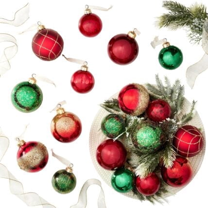 3.5" Assorted Glass Christmas Ornaments Set Of 18 1784830, Green/Red/Gold