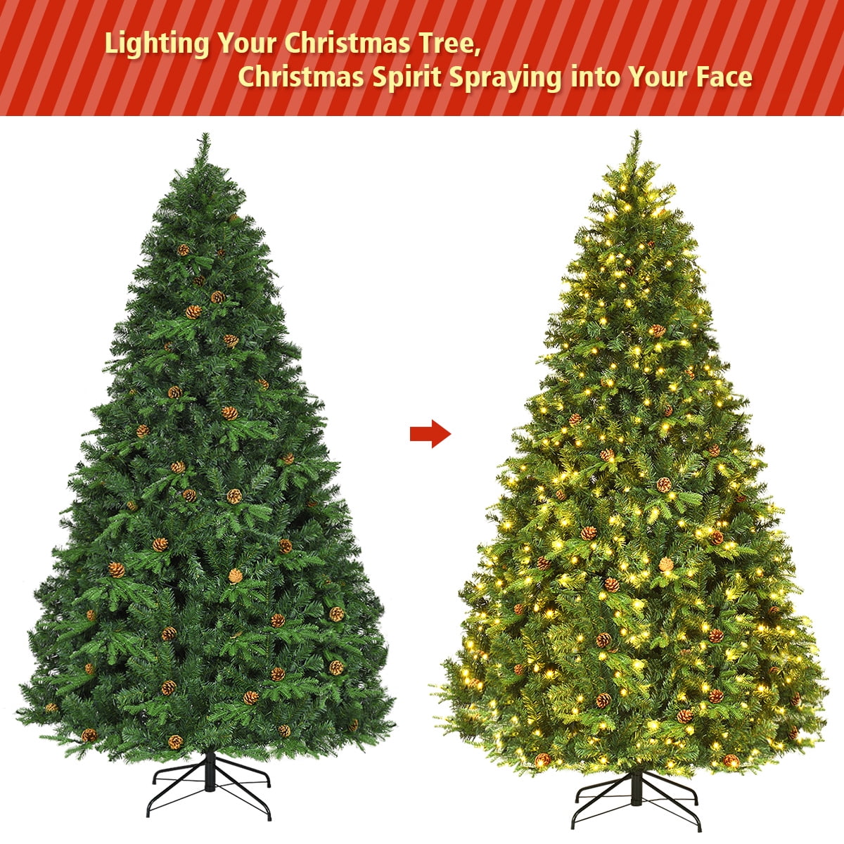 Costway 8Ft Pre-Lit Christmas Tree Hinged 600 LED Lights Pine Cones