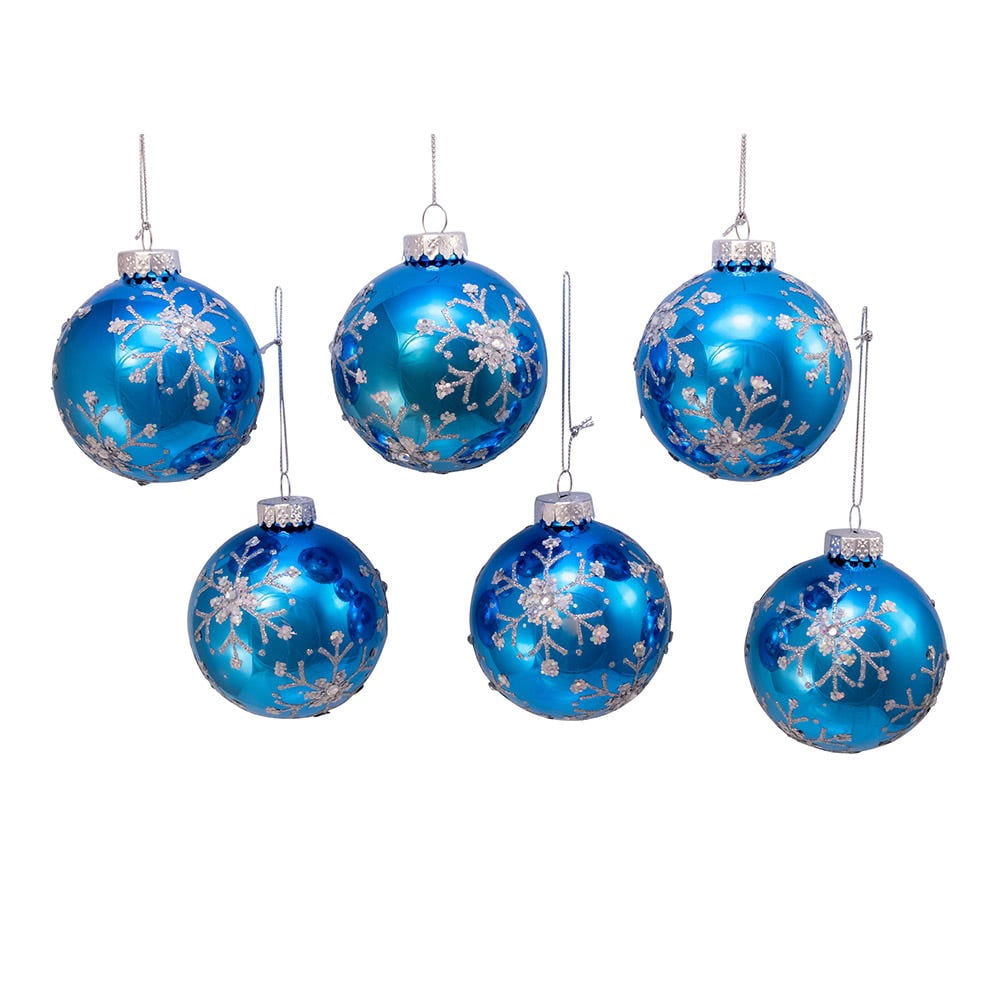 Kurt Adler 80MM Blue and Silver Glitter Snowflake Glass Ball Ornaments, 6 Piece Box - 3.15"