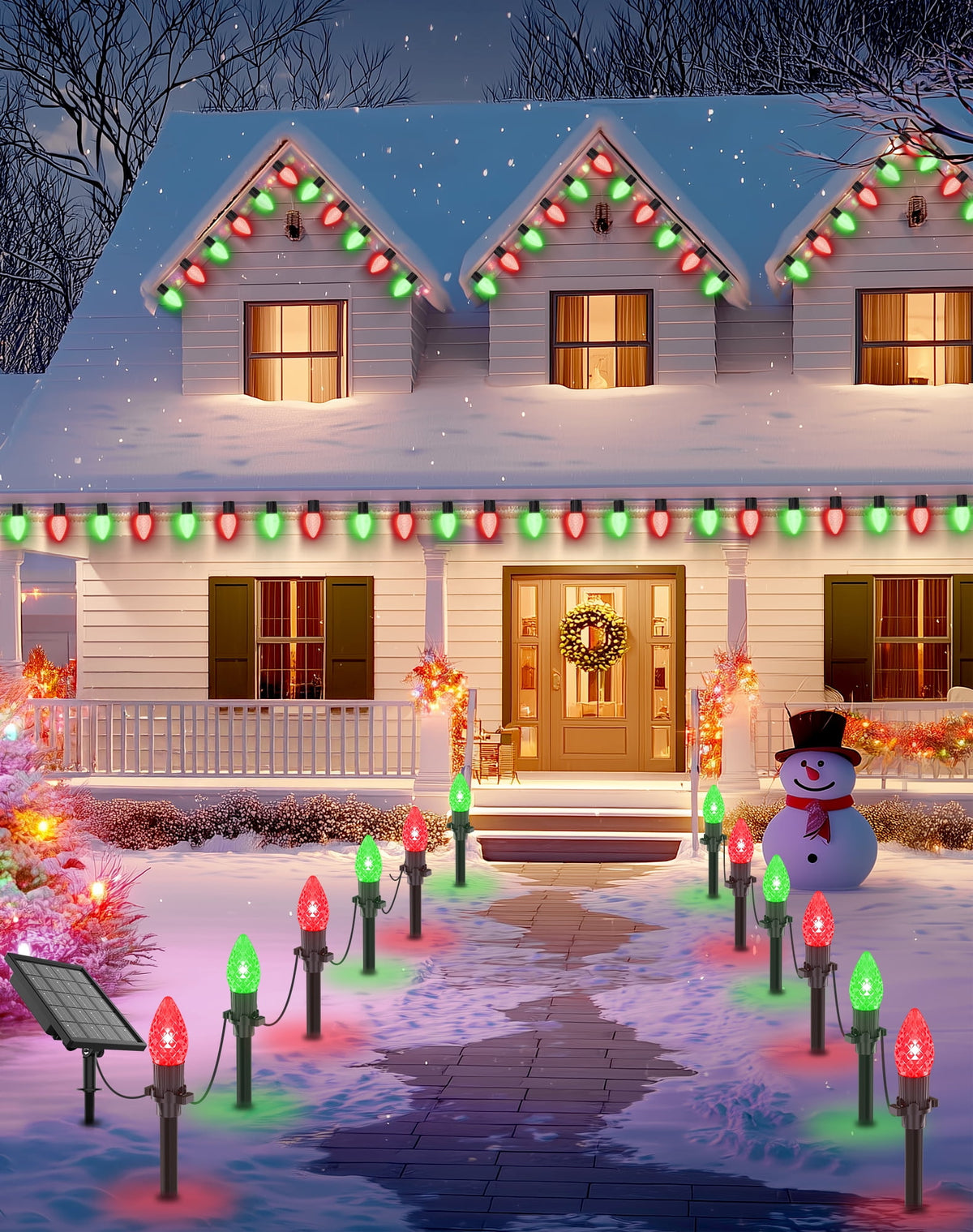 2 IN 1 Solar Christmas Lights C9 LED 33FT 25 LED with Ground Stakes Hanging Design Warm White Multicolor 8 Modes Waterproof for Garden Walkway Patio Christmas Decor