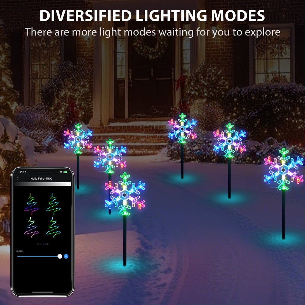 6 Pcs Snowflake Pathway Smart Lights Outdoor RGB Christmas Lights with App & Remote Control Music Sync 105 Scene Modes Extendable Garden Decorative Fairy Lights for Holiday Party Yard