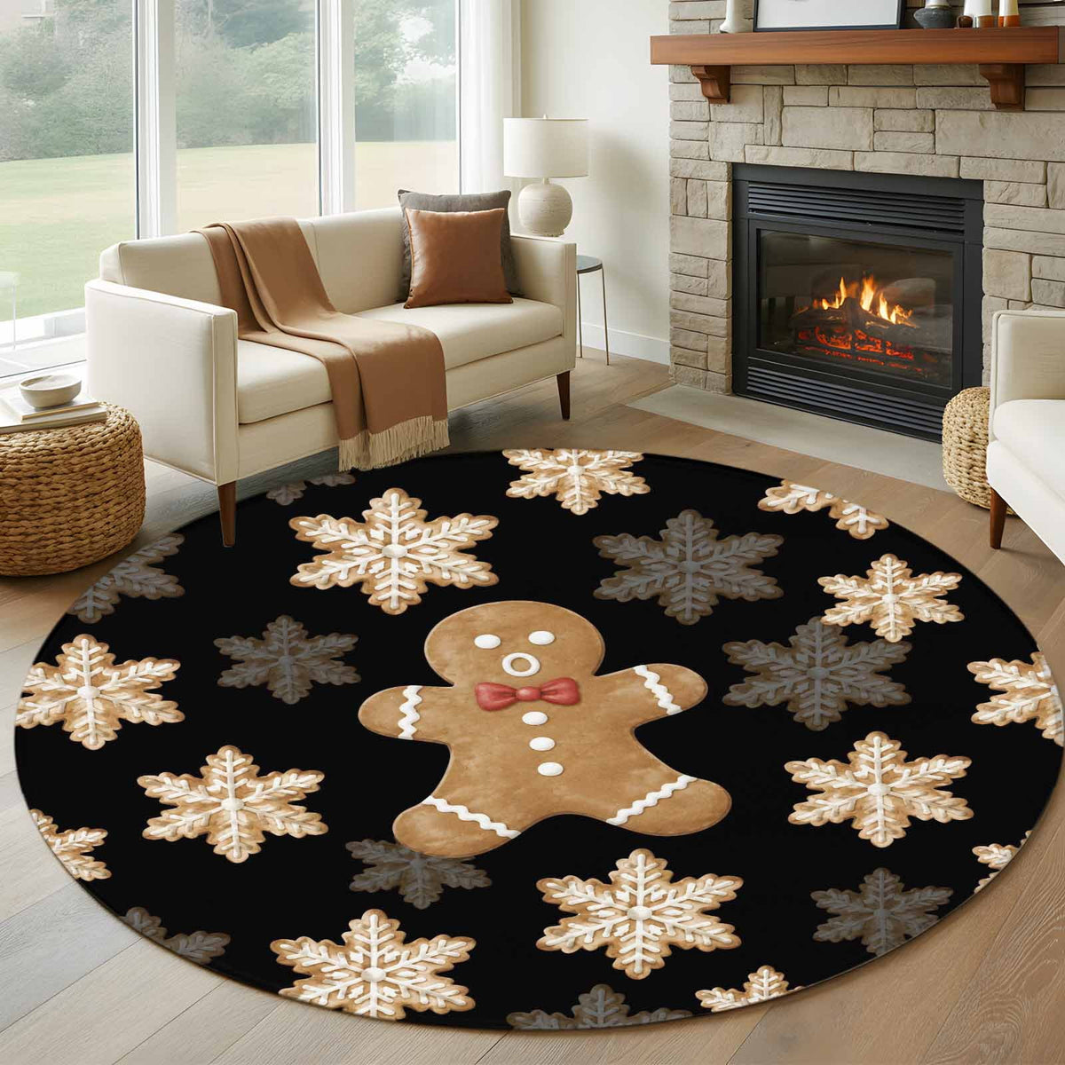 6ft Round Rug, Christmas Non-Skid Rubber Backing Large Area Rugs - Living Room Bedroom Home Office, Beige Snowflake Xmas Winter Black Indoor Floor Mat Carpets Washable Rug
