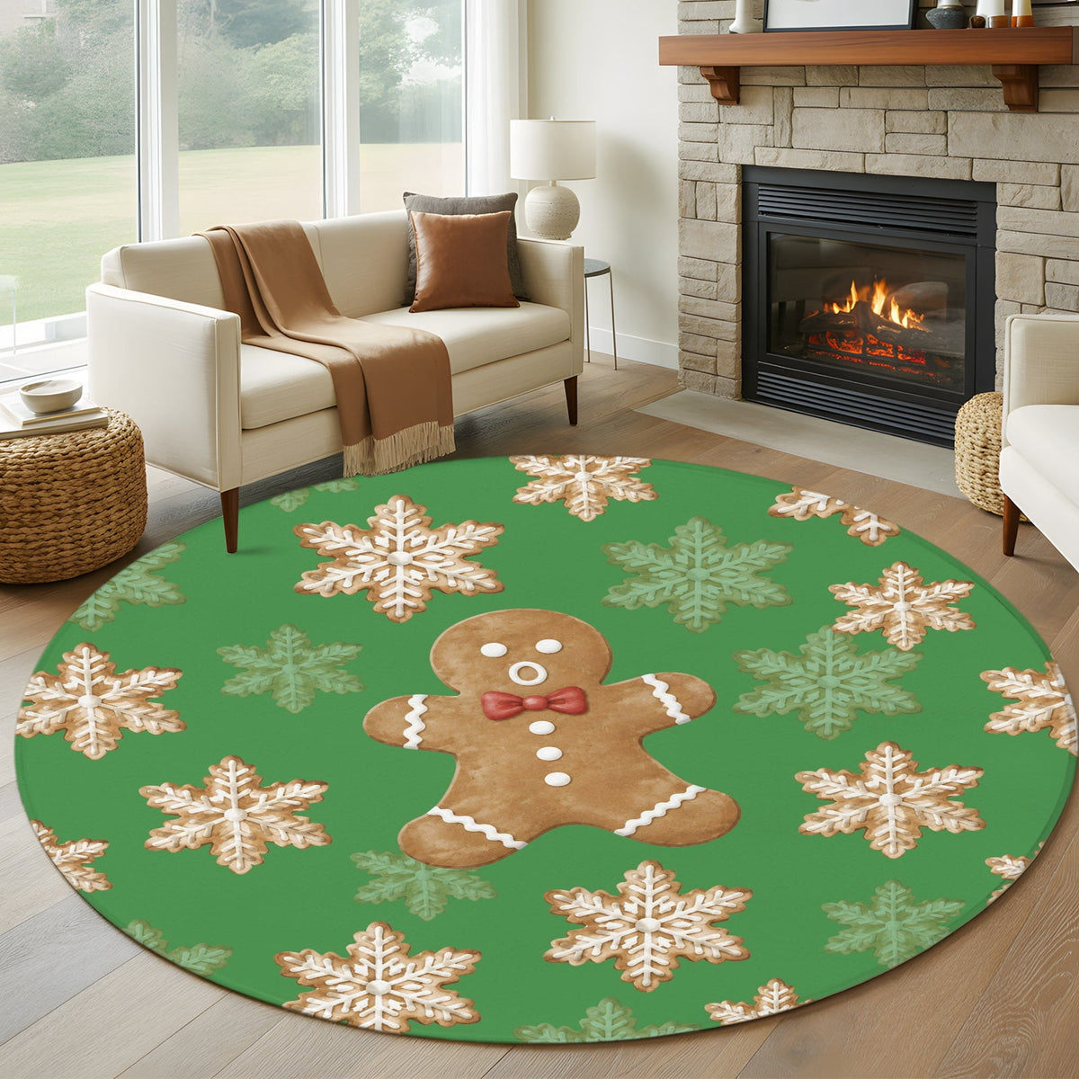 6ft Round Rug, Christmas Non-Skid Rubber Backing Large Area Rugs - Living Room Bedroom Home Office, Beige Snowflake Xmas Winter Black Indoor Floor Mat Carpets Washable Rug