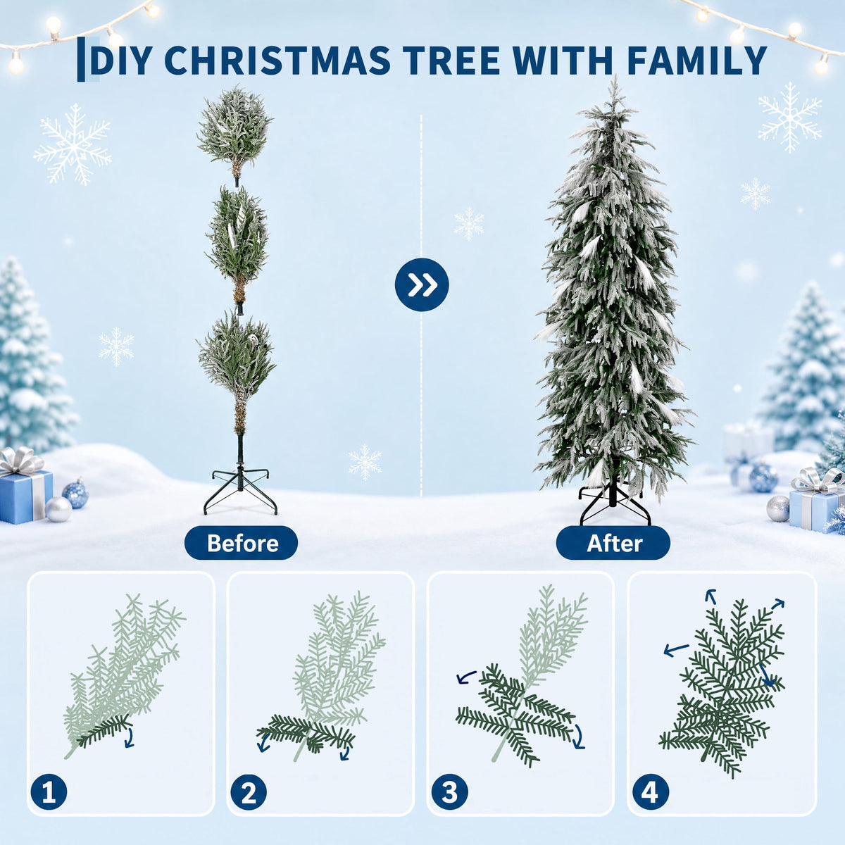 6 ft Flocked Slim Pencil Christmas Tree with LEDs, Pre-Lit Artificial Xmas Tree, 355 Branch Tips, 200 Warm Lights, Metal Base, Green PE for Home Office Holiday Decor