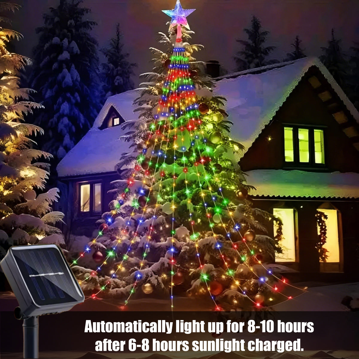 ZOEYKIMLO Christmas Tree Light Decorations Solar Powered 270LED 9.8FT, Outdoor Chtistmas String Lights with 8 Lighting Modes for Christmas Tree Holiday Decor, Multicolor