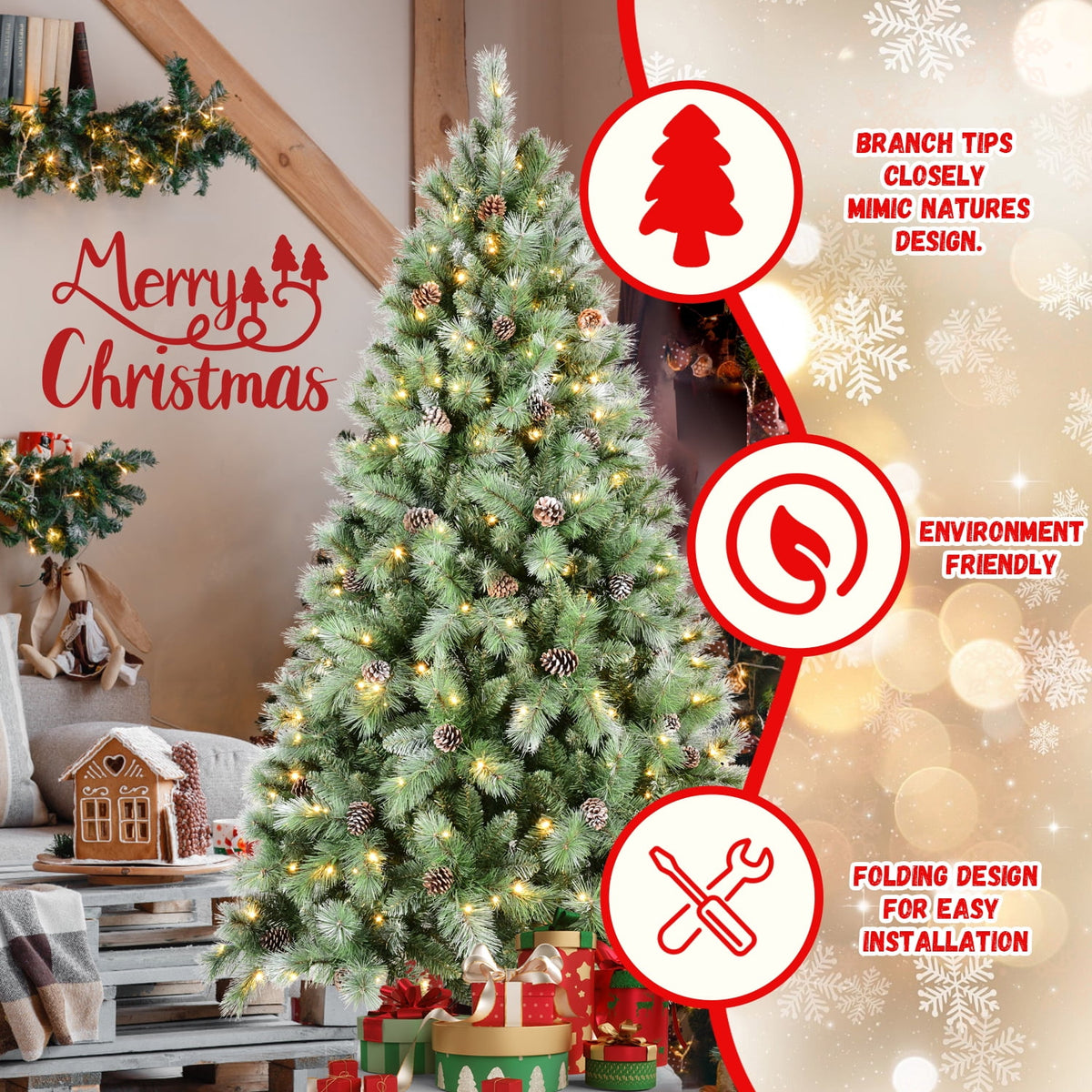Acpouw 6FT Christmas Tree with 300 Warm White LED Lights – 988 PVC & Hard Needle Tips, 66 Pine Cones, Hinged Branch Design, Sturdy Metal Stand – Full Realistic Holiday Tree