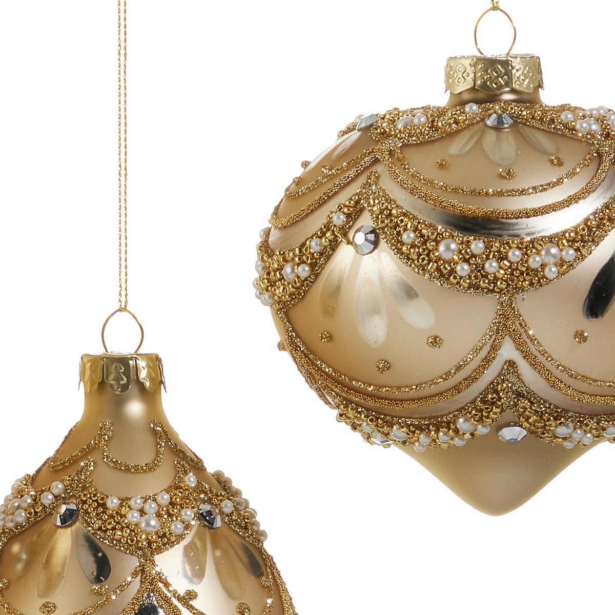 RAZ Imports 4" Golden Pearl Trimmed Glass Christmas Ornaments - Set of 3
