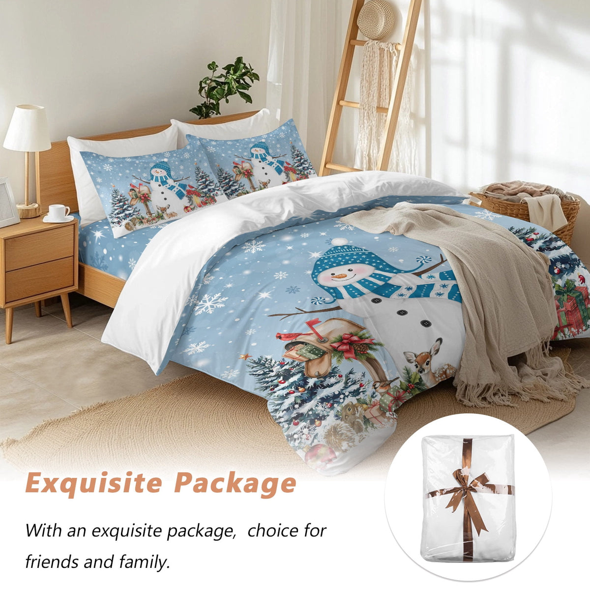 Blue Christmas Snowman Bedding Duvet Cover Set Twin Size 4 Pieces Xmas Tree Elk Balls Snowflake Bedding Set with Zipper Closure, 1 Comforter Cover 68x90 Inches 1 Flat Sheet & 2 Pillow Cases