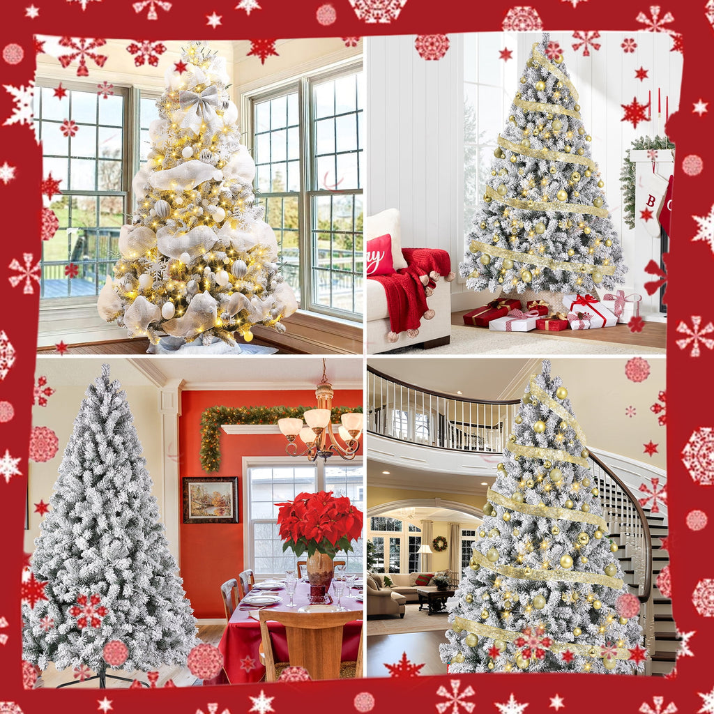 Yexmas 7.5ft Pre-Lit Snowflake Flocked Christmas Tree,8 Modes LED Lights,Artificial Xmas Tree with Storage Bag