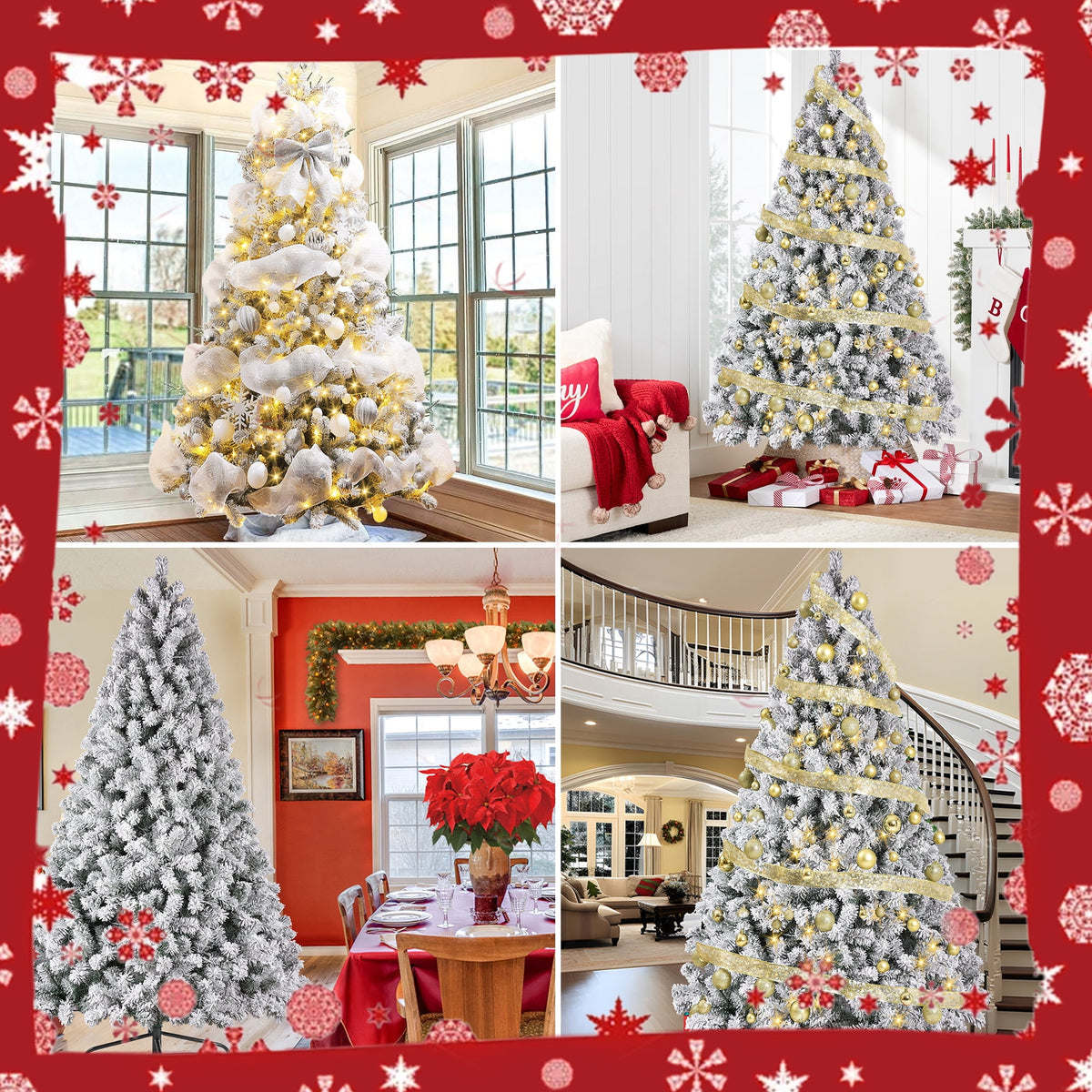 Yexmas 7.5ft Pre-Lit Snowflake Flocked Christmas Tree,8 Modes LED Lights,Artificial Xmas Tree with Storage Bag