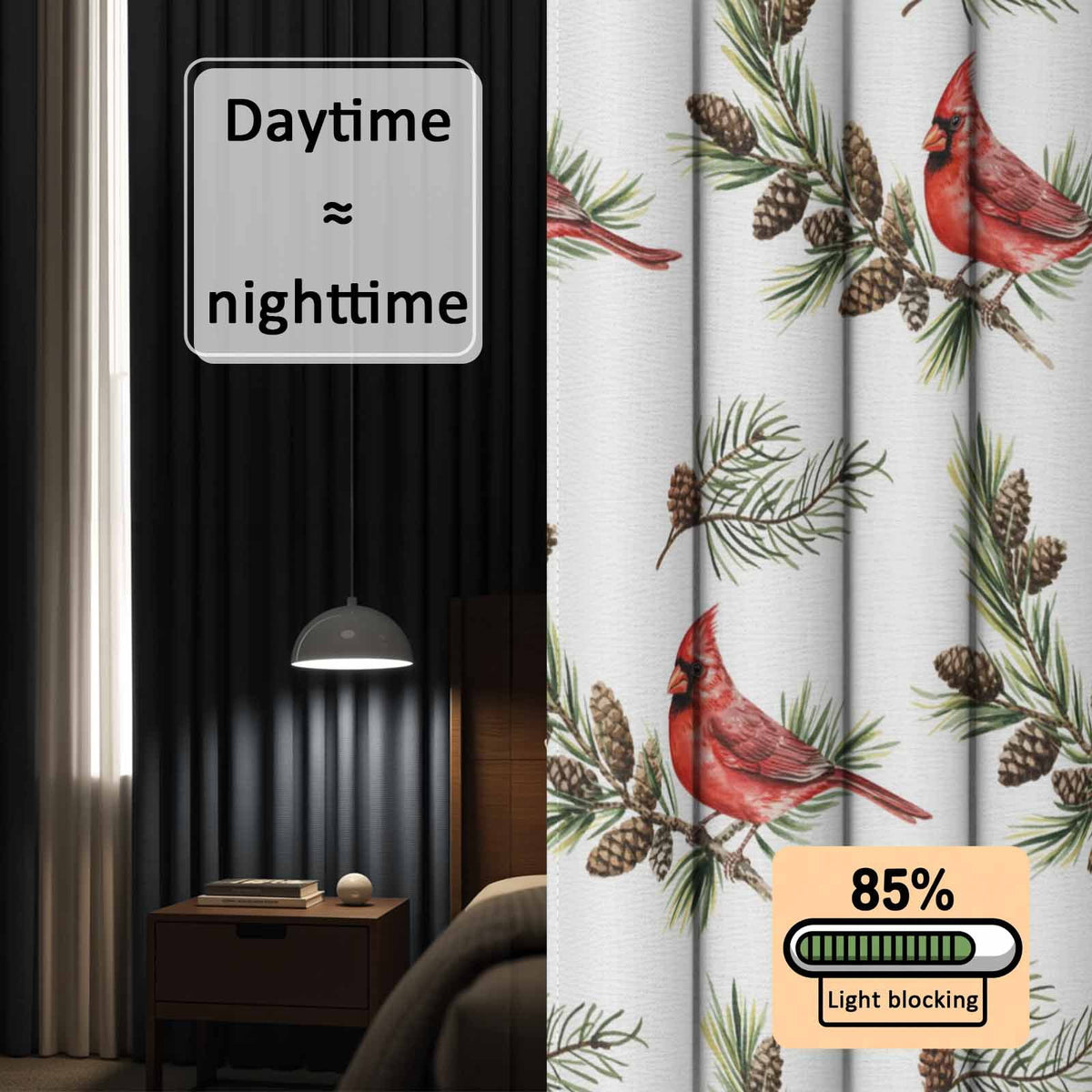 Christmas Red Cardinal Birds Blackout Curtains for Bedroom/Living Room, Pinch Pleated Black Out Curtains, Xmas Pine Branch Cones Rustic Room Darkening Window Drapes with Hooks 2 Panels, 39"x70"