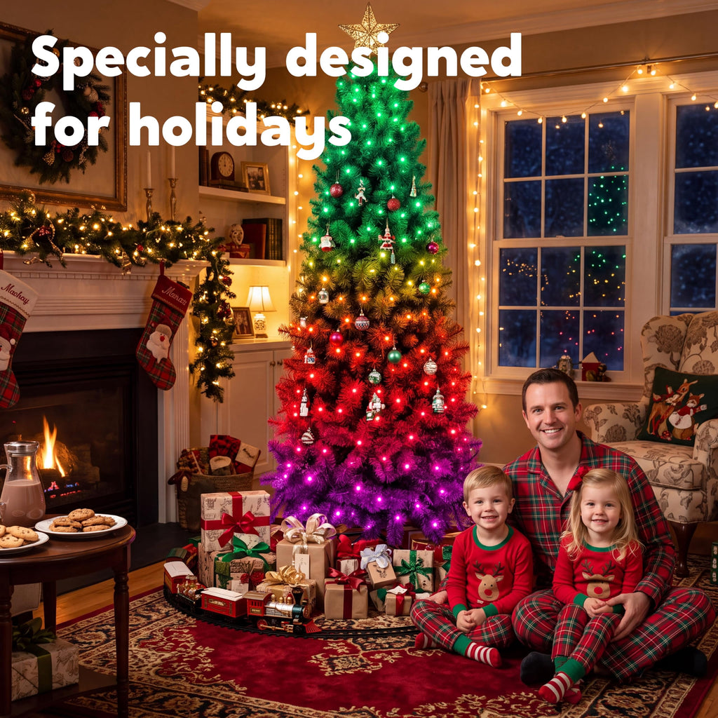 Joyfy 6 FT Prelit Slim Christmas Tree with 250 RGB Lights,App & Remote Control,Hinged Branches,Gloves & Metal Base Included,Easy Setup,Realistic Artificial Pencil Tree for Xmas Indoor Holiday Decor
