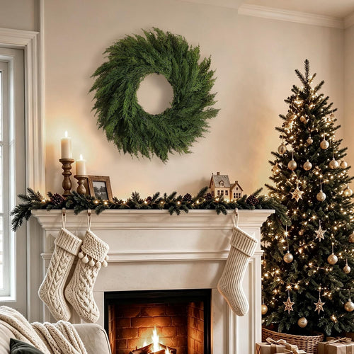 24’’ Real Touch Christmas Wreath, Artificial Cedar Wreath for Door Cedar Wreath,Faux Christmas Wreath for Front Door Wall Windows Porches Indoor Outdoor Christmas Xmas Decorations Winter Decor