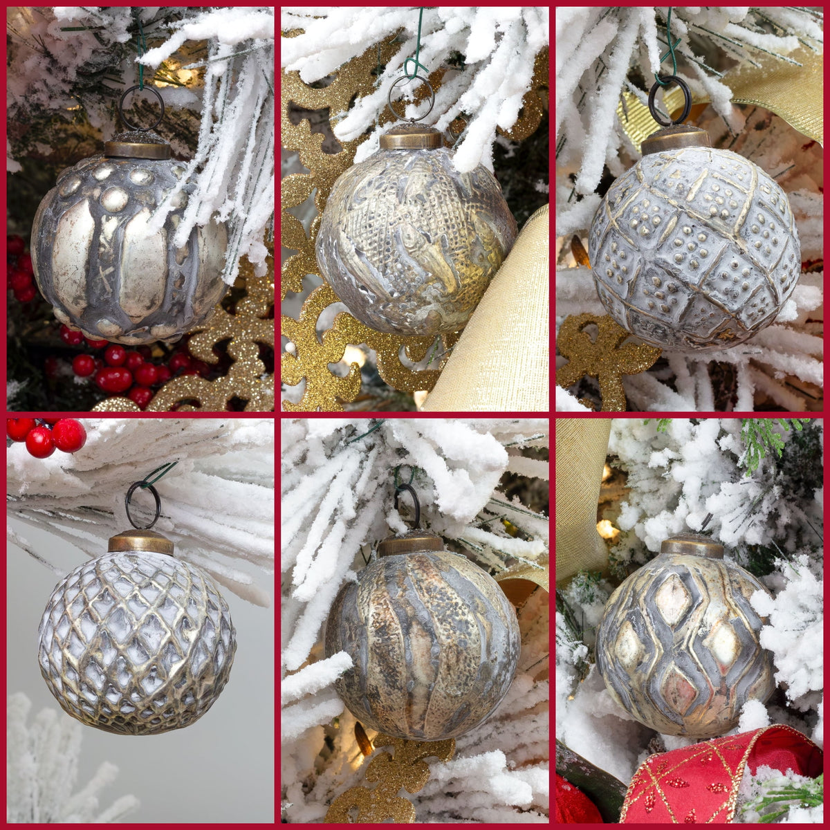 AuldHome Design Farmhouse Ball Ornaments (Set of 6, Gold/Silver); Distressed Metal Glass Ball Vintage Style Christmas Decorations
