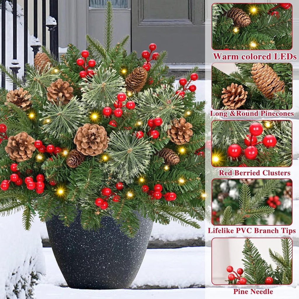 Ikfashoni 2 Pack Christmas Urn Filler, 26 in Pre-lit Outdoor Christmas Tree with Remote, Artificial Christmas Porch Pathway Decoration