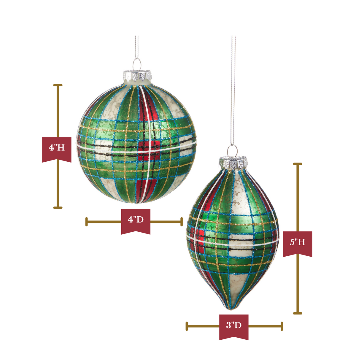 RAZ Imports 4" Green Tartan Plaid Ball and Finial Glass Christmas Ornaments - Set of 2