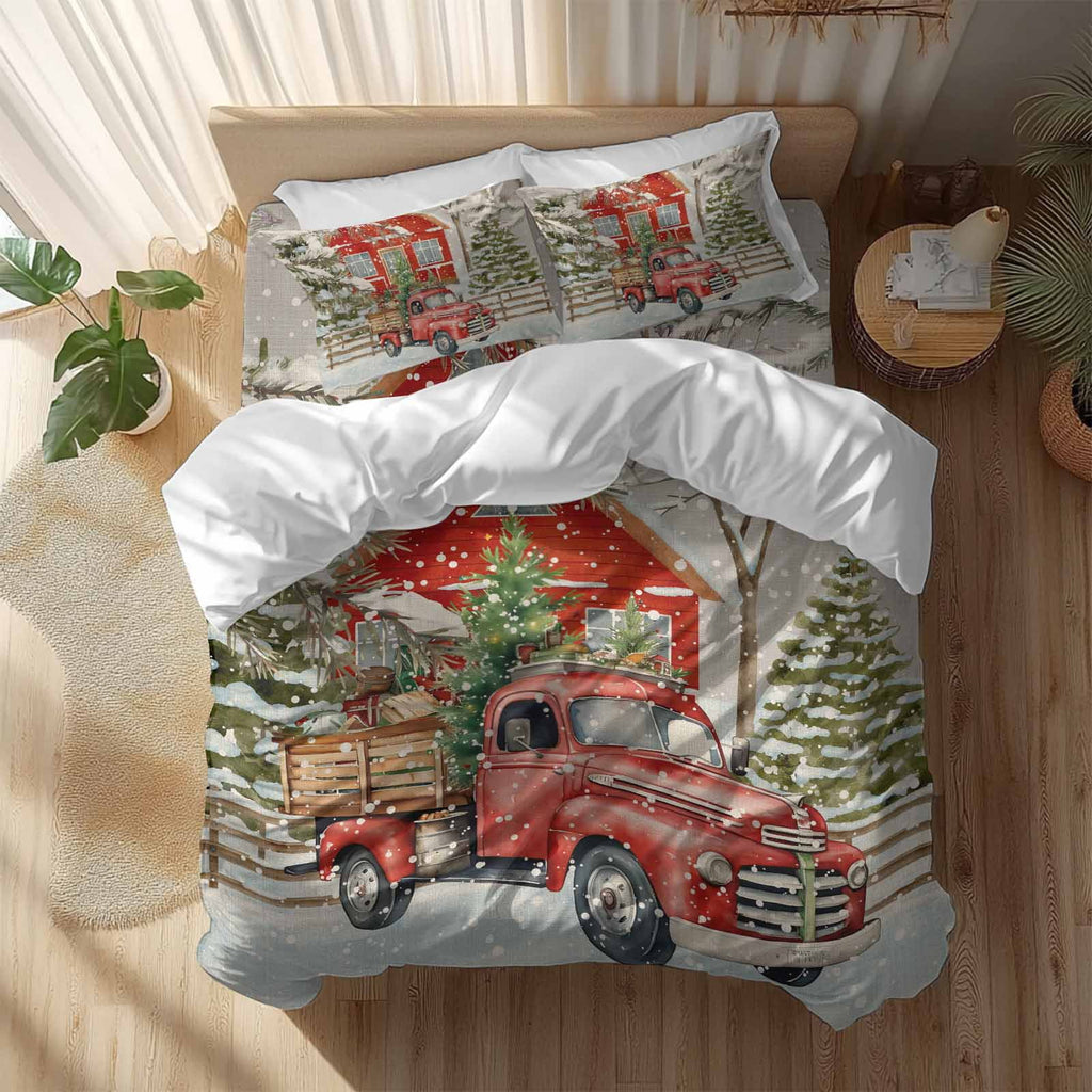 Merry Christmas Bedding Duvet Cover Set Full Size 4 Pieces Xmas Tree Red Truck Barn Snowflake Gray Bedding Set with Zipper Closure, 1 Comforter Cover 86x90 Inches 1 Flat Sheet & 2 Pillow Cases