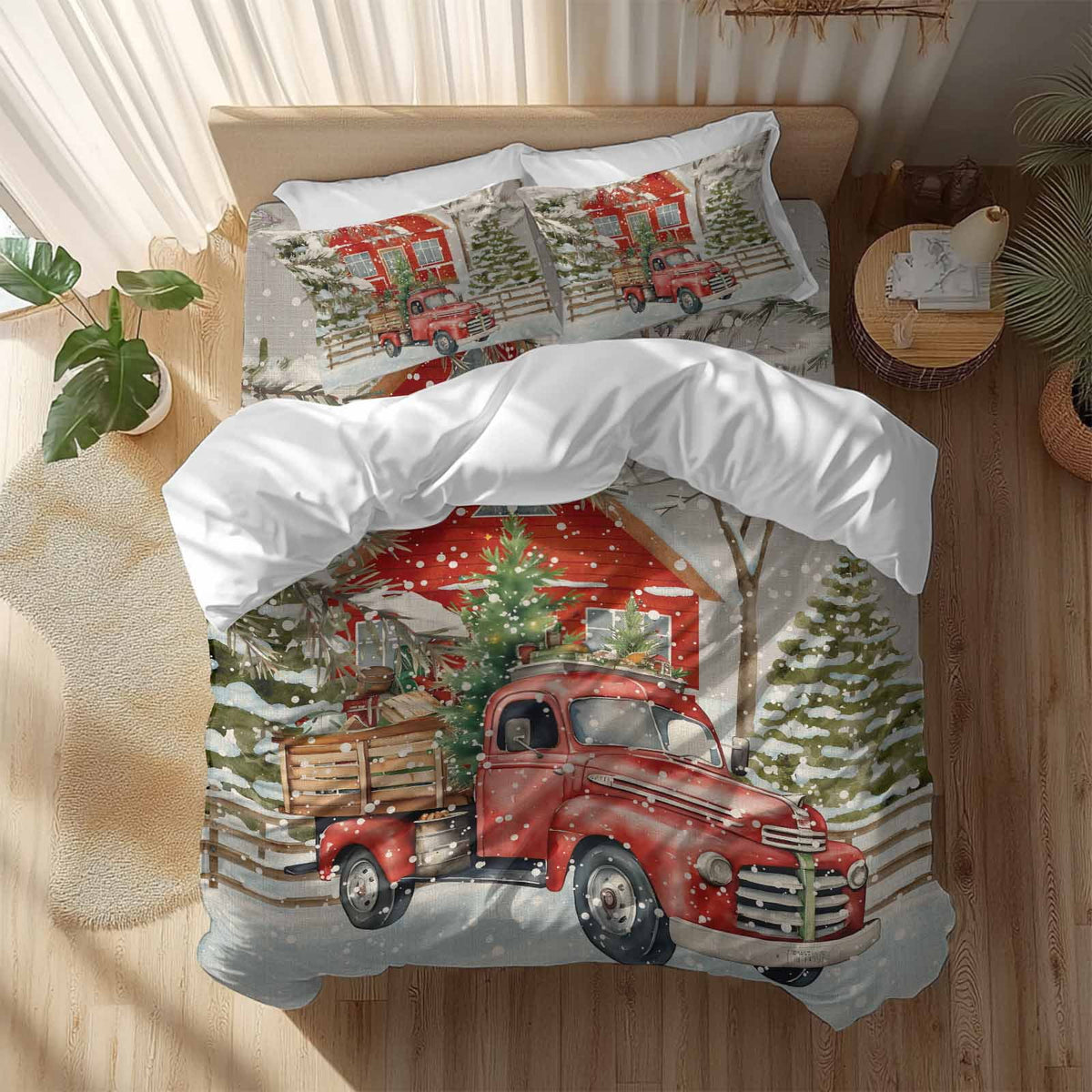 Merry Christmas Bedding Duvet Cover Set Full Size 4 Pieces Xmas Tree Red Truck Barn Snowflake Gray Bedding Set with Zipper Closure, 1 Comforter Cover 86x90 Inches 1 Flat Sheet & 2 Pillow Cases