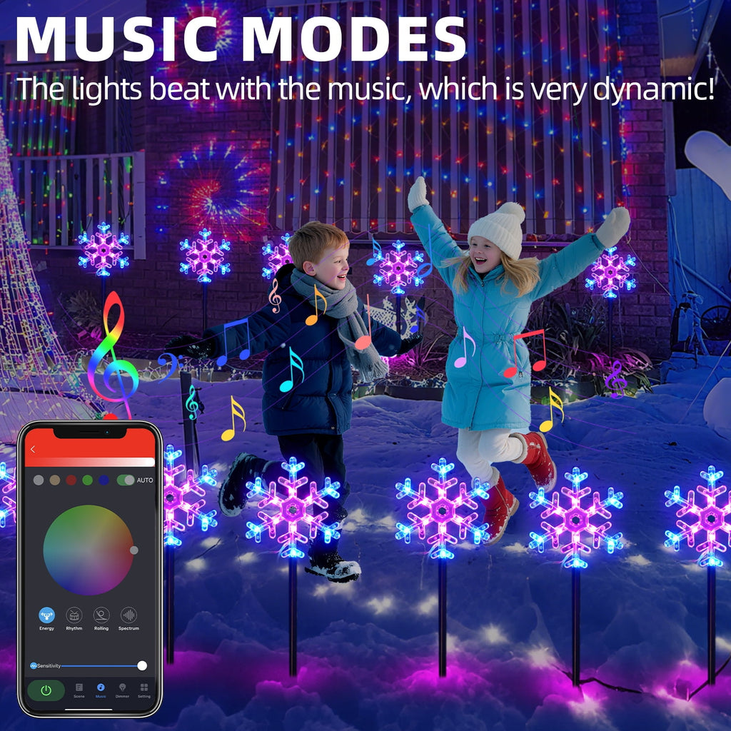 6 Pcs Snowflake Pathway Smart Lights Outdoor RGB Christmas Lights with App & Remote Control Music Sync 105 Scene Modes Extendable Garden Decorative Fairy Lights for Holiday Party Yard