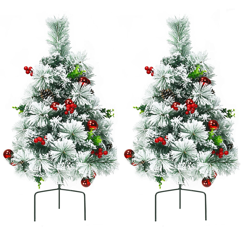 Costway Set of 2 29 in Battery Powered Pre-lit Pathway Flocked Christmas Trees Outdoor