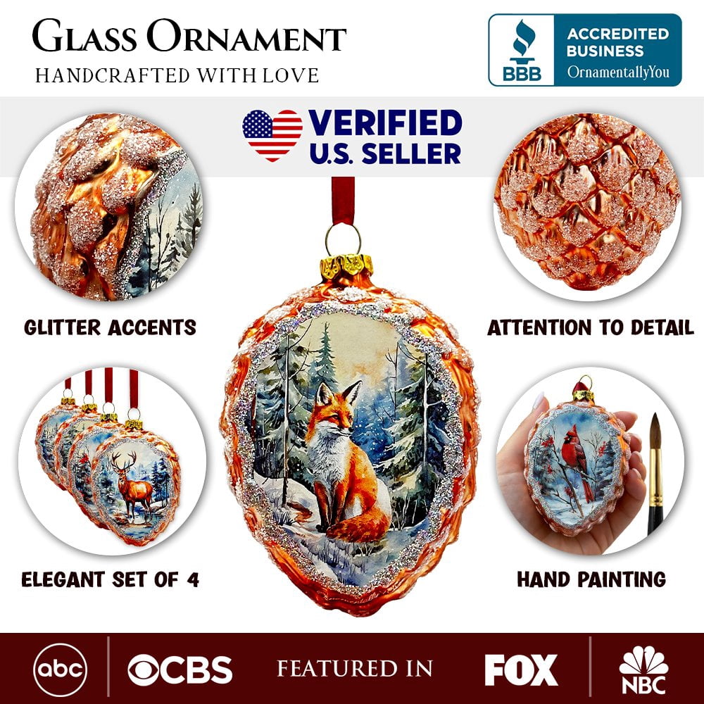 Illustrious Pinecone Beauties Woodland Animal Set of Four Glass Christmas Ornaments, Deer, Fox, Owl and Cardinal Vintage Winter Forest Decor