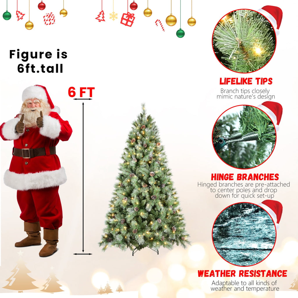 Acpouw 6FT Christmas Tree with 300 Warm White LED Lights – 988 PVC & Hard Needle Tips, 66 Pine Cones, Hinged Branch Design, Sturdy Metal Stand – Full Realistic Holiday Tree