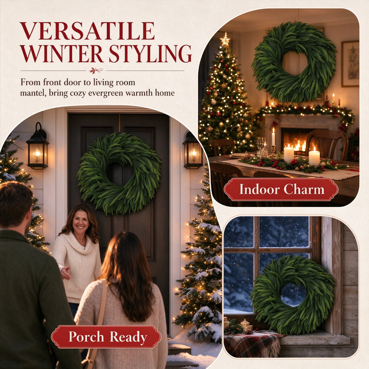19.68in Christmas Norfolk Pine Wreath for Front Door - Artificial Greenery Wreath, Full Green Branches, All Season for Wall Porch Indoor Outdoor Decor
