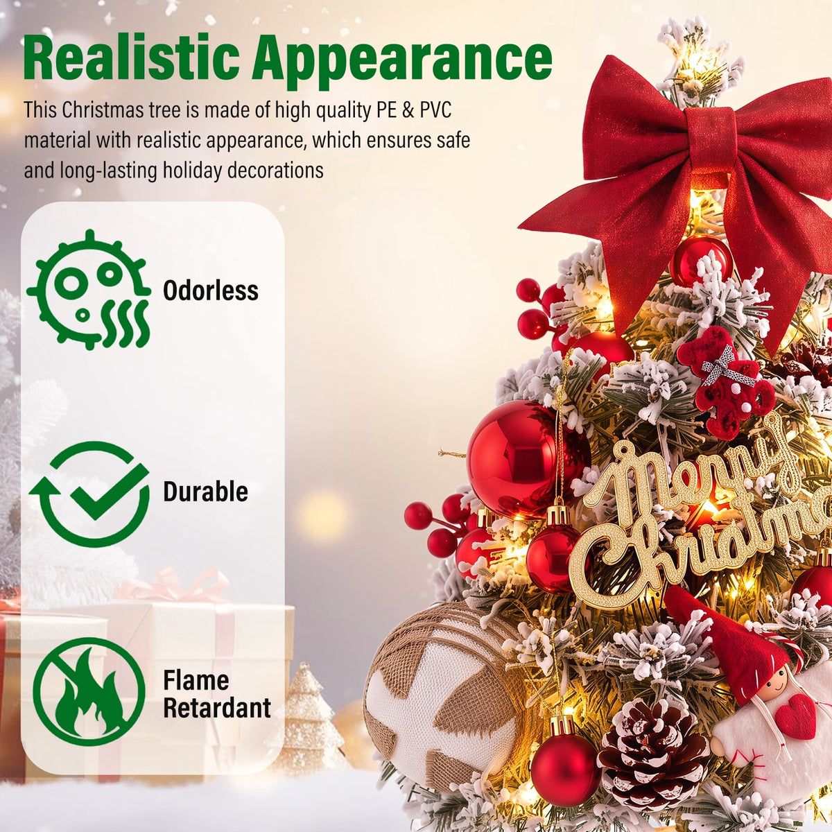 22" Mini Christmas Tree with 30 LEDs, Red Berries & Pinecones, DIY Kit, Battery Powered Tabletop Tree Christmas Decorations Gifts for Dorms, Offices, Home, Classrooms Desks & Small Spaces