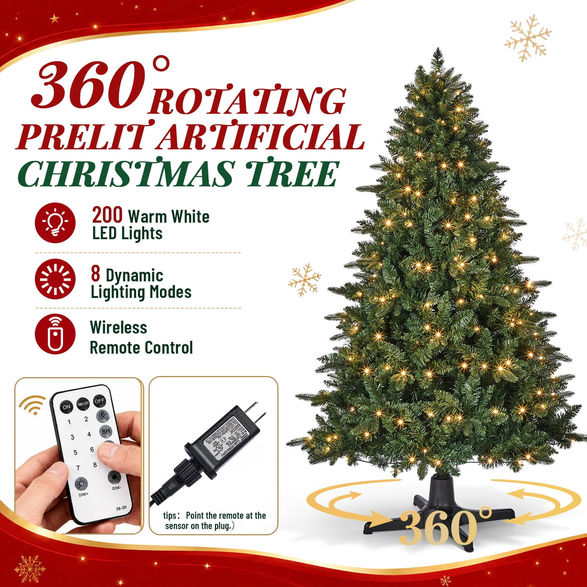 Ktaxon 6FT Pre-Lit Artificial Christmas Tree Rotating Tree PE + PVC with 8 Modes 360-Degree Rotating Stand,Green