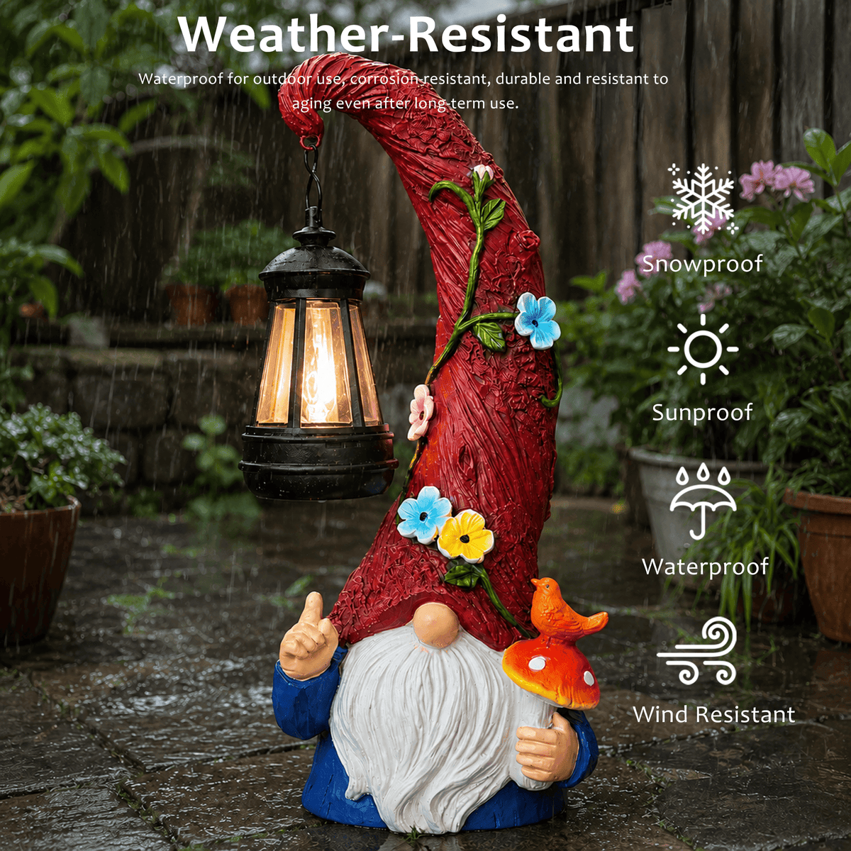 Volivo 13inch Garden Gnome Statue, Solar Powered Gnome Decor with LED Lantern, Waterproof for Patio Garden Pathway