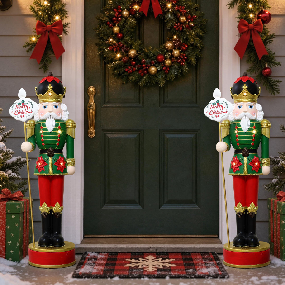 Langford Home 3.7 Ft Battery Operated Prelit Poinsettia-Theme Christmas Nutcracker with Merry Christmas Sign