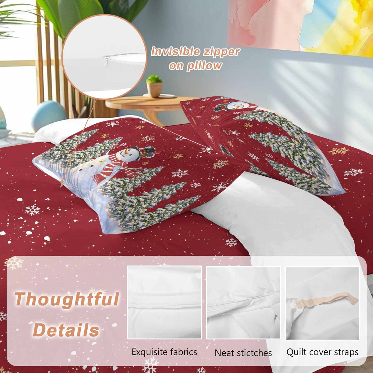 Christmas Snowman Bedding Duvet Cover Set Queen Size 4 Pieces Winter Christmas Tree Snowflake Red Bedding Set with Zipper Closure, 1 Comforter Cover 90x90 Inches 1 Flat Sheet & 2 Pillow Cases