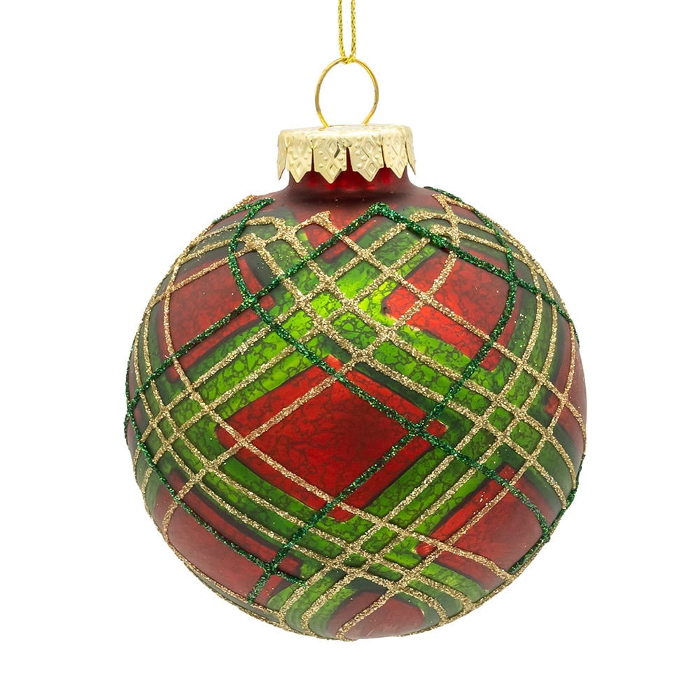 Kurt Adler 80MM Glass Matte Red and Green Striped Ball Ornaments, 6-Piece Set
