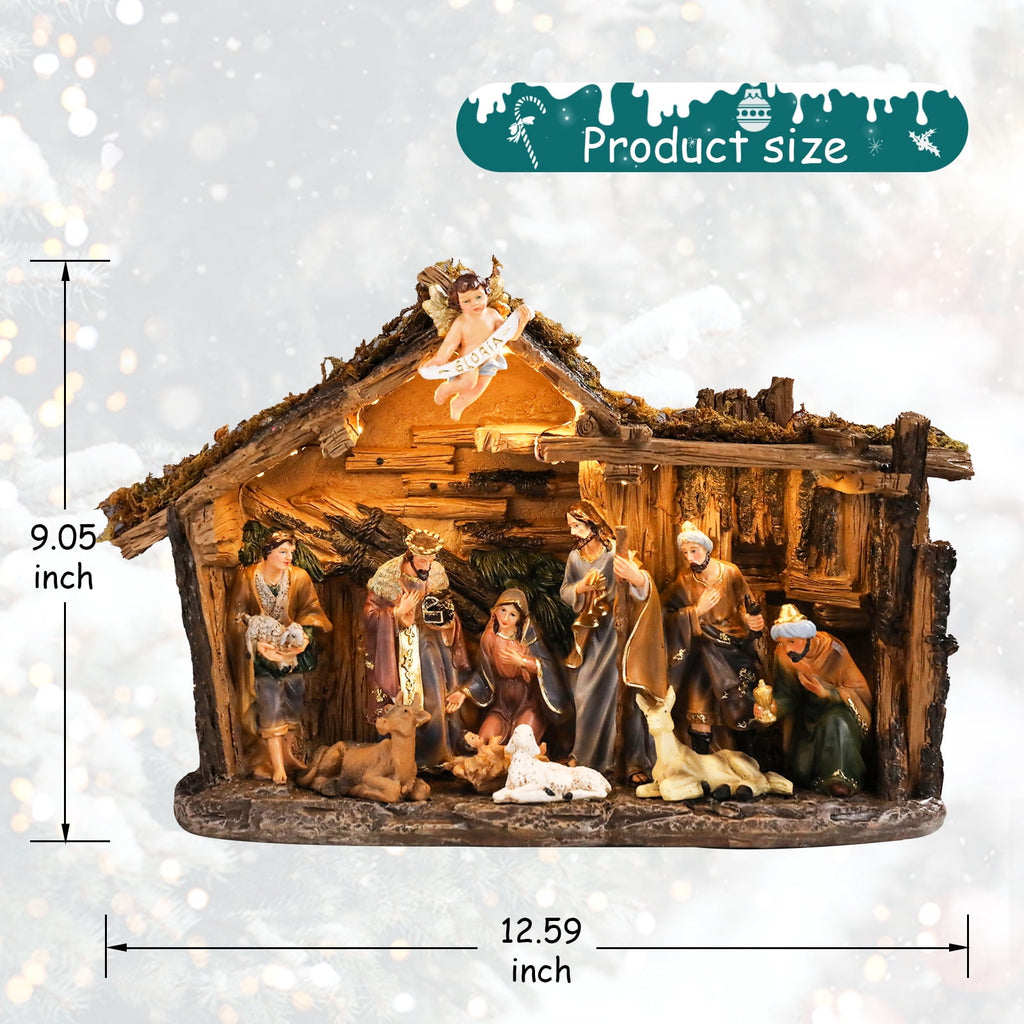 12.5 INCH Wonder Garden Christmas Nativity Set Figurine - Nativity Scene Statue with Moss Stable Village Music Decor