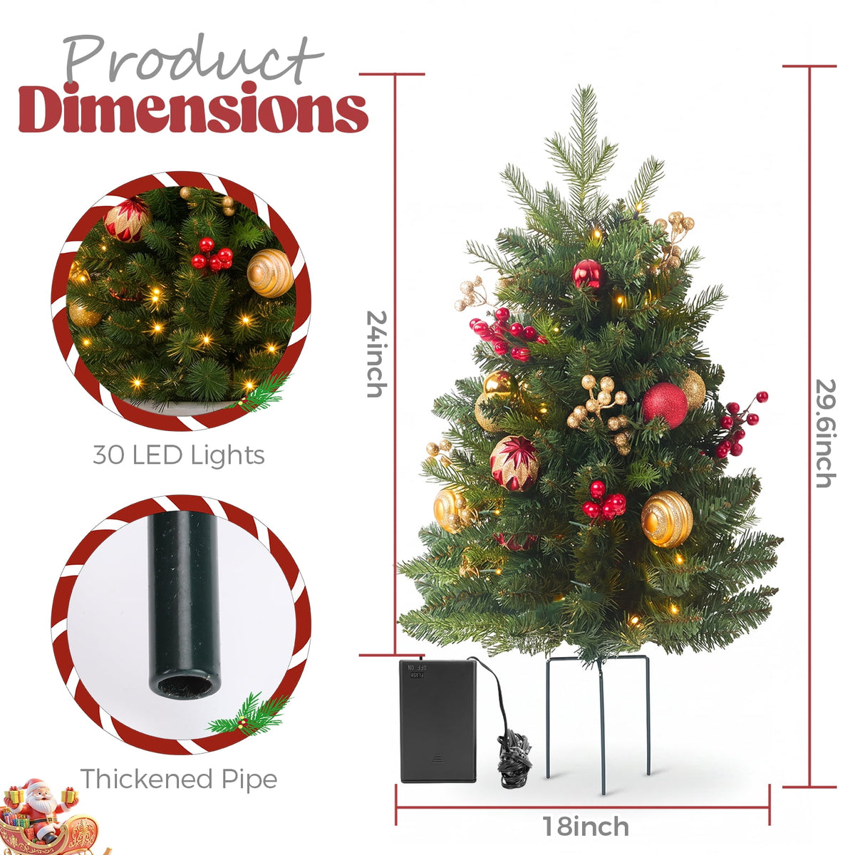 2 Pack 30 inch Prelit Outdoor Christmas Tree, Small Pre-Decorated Green Xmas Tree with Cones & Red Berries, 30 Warm Lights, Urn Filler Holiday Decor for Entrance Driveway, Yard, Garden