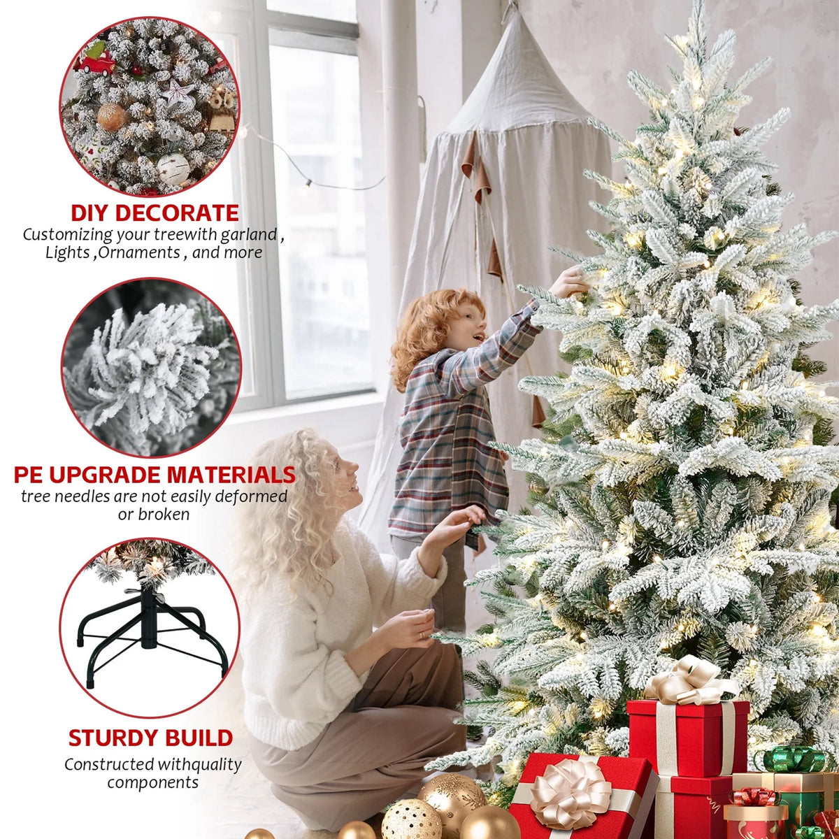 Mayhihi 7 ft Pre-Lit Flocked Christmas Tree, Artificial Tree with 400 Multicolored & White LED Lights, 2086 PE & PVC Branches