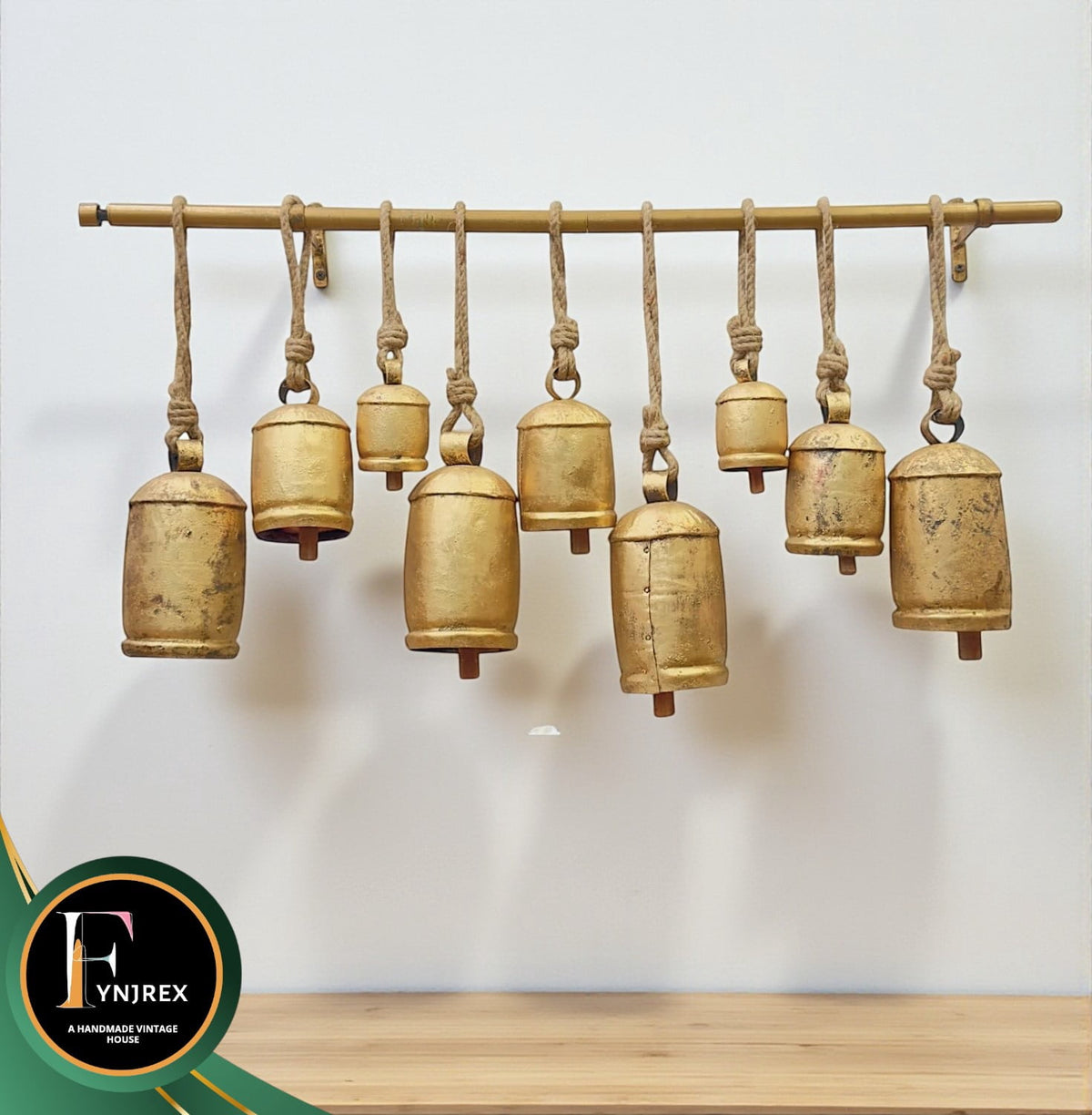 Set of 9 Cow Bells Hanging Rod Wall Mount Bracket Rustic Gold Brass Jute Rope Tibetan Christmas Decor