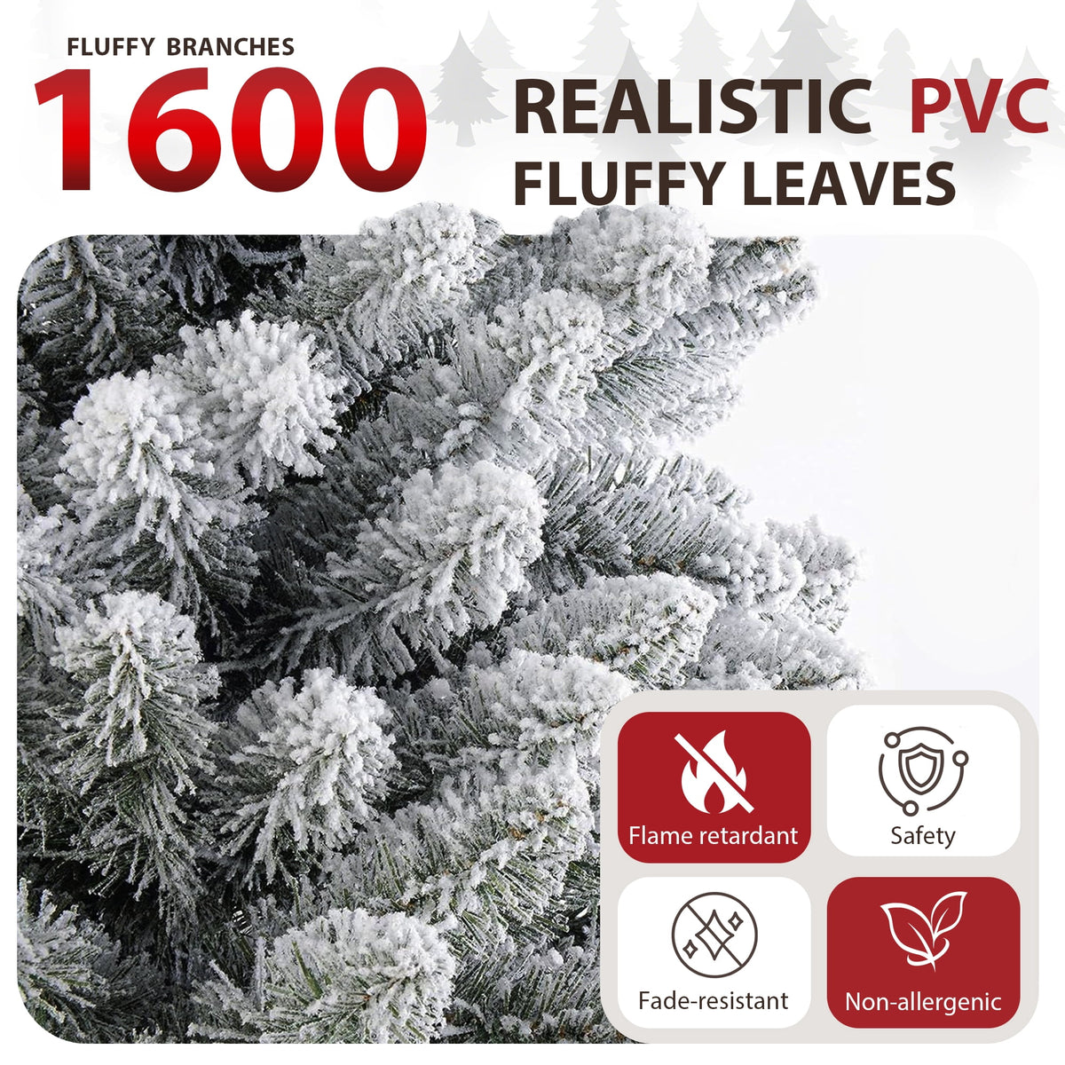Yexmas 7.5ft Pre-Lit Snowflake Flocked Christmas Tree,8 Modes LED Lights,Artificial Xmas Tree with Storage Bag