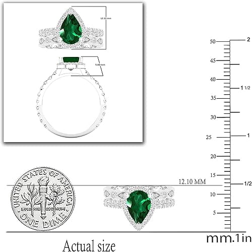 Divine Creation 14K White Gold Plated 2.50 Ct Pear Cut Green Emerald Christmas Thanksgiving Wedding Bridal Ring Set 925 Sterling Silver For Women's -10