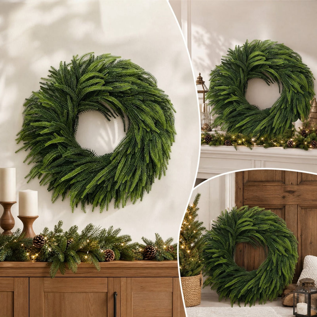 19.68in Christmas Norfolk Pine Wreath for Front Door - Artificial Greenery Wreath, Full Green Branches, All Season for Wall Porch Indoor Outdoor Decor