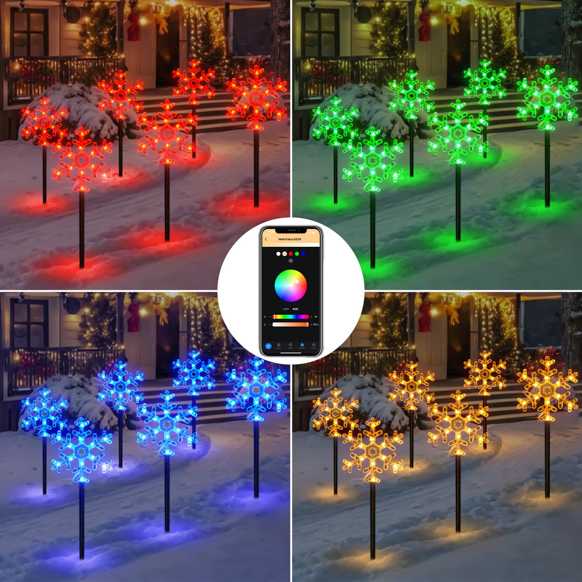6 Pcs Snowflake Pathway Smart Lights Outdoor RGB Christmas Lights with App & Remote Control Music Sync 105 Scene Modes Extendable Garden Decorative Fairy Lights for Holiday Party Yard