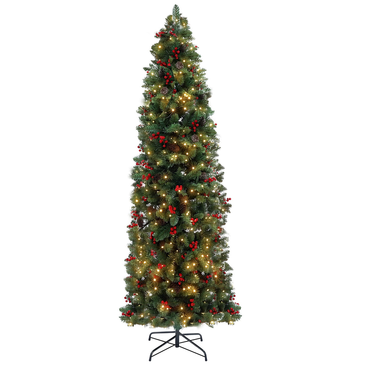 7ft Pre-Lit Spruce Pencil Christmas Tree with 450 Lights, 920 Full Branch Tips, Slim Artificial Xmas Tree Pine Cone & Red Berries, Includes Metal Base, Ideal Xmas Decor for Home and Office, Green