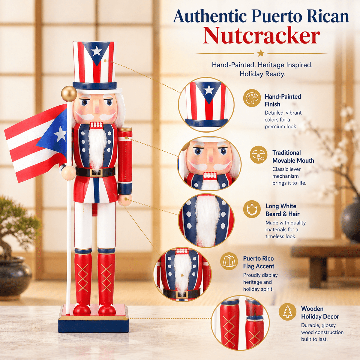 15 Inch Puerto Rico Flag Nutcracker Soldier Wood Christmas Decor