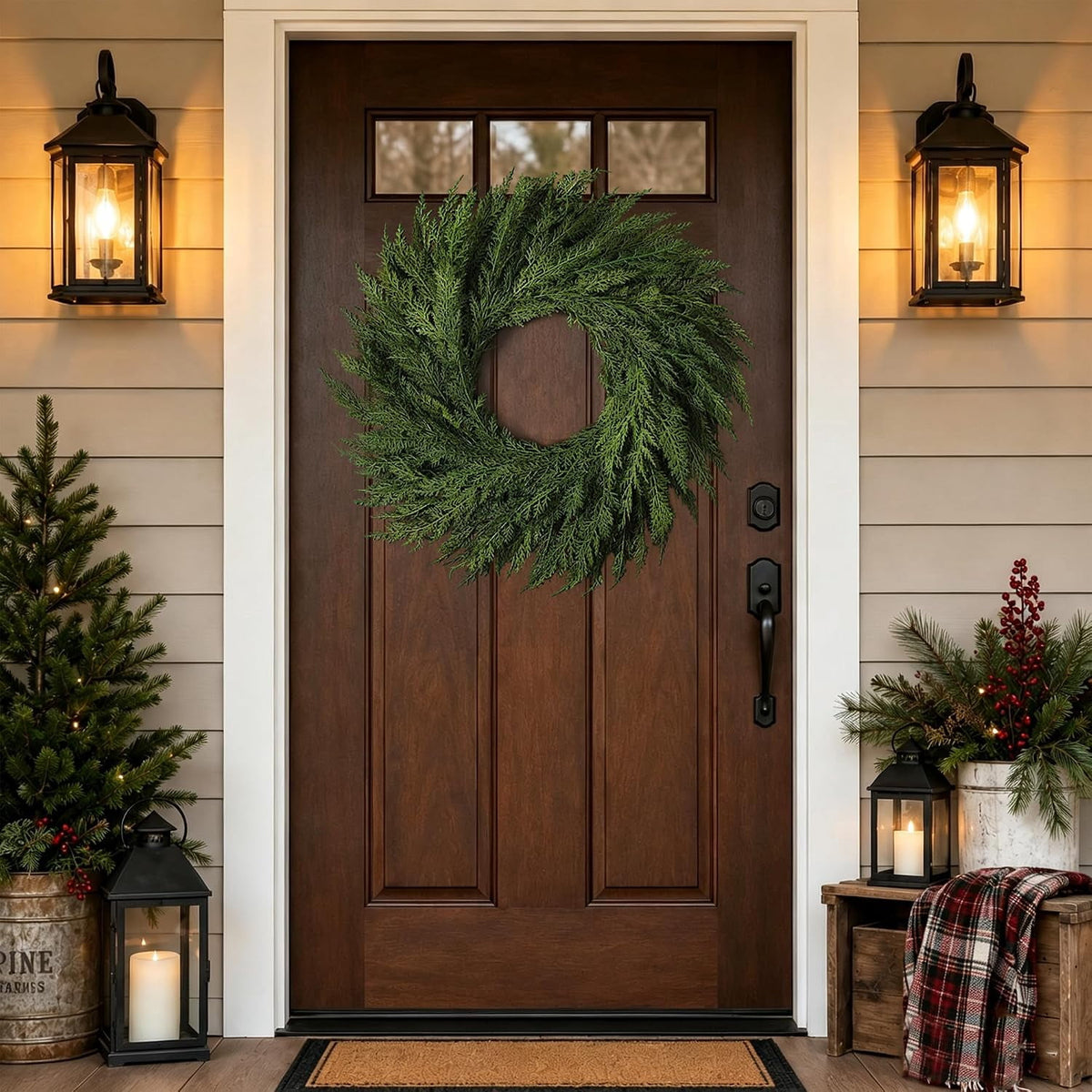 24’’ Real Touch Christmas Wreath, Artificial Cedar Wreath for Door Cedar Wreath,Faux Christmas Wreath for Front Door Wall Windows Porches Indoor Outdoor Christmas Xmas Decorations Winter Decor