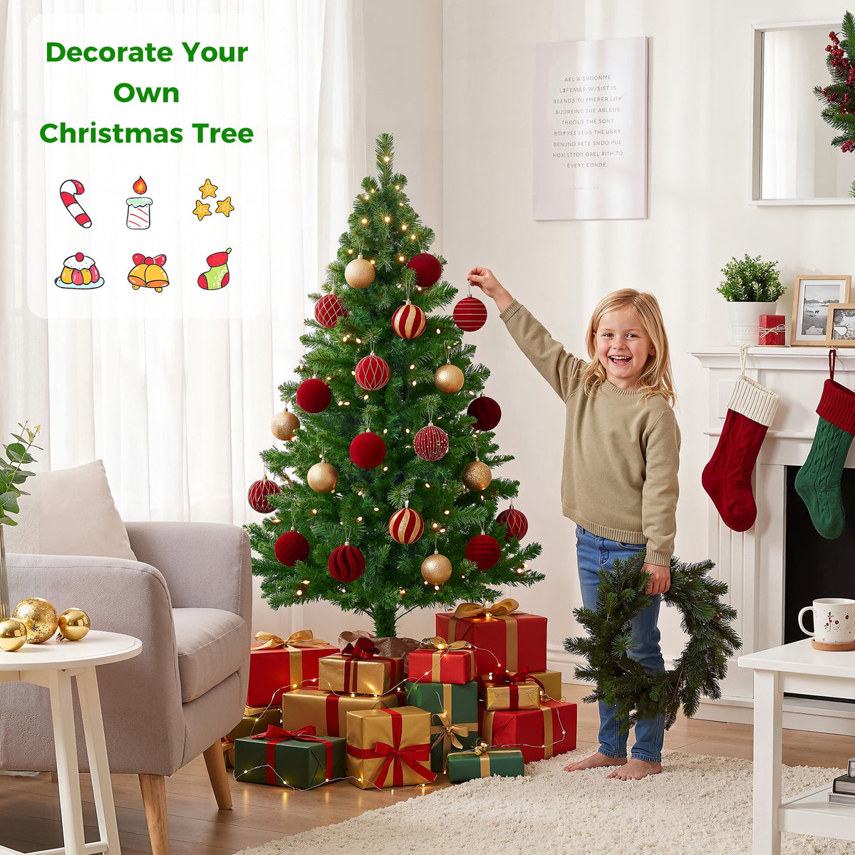Leyaron Christmas Tree with Lights, 4FT Artificial Small Mini Christmas Tree Decorations for Indoor Holiday Xmas Home Decor, Green