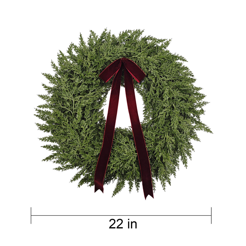 My Texas House Natural Feel Cedar Artificial Christmas Wreath with Bow, Green, 22"