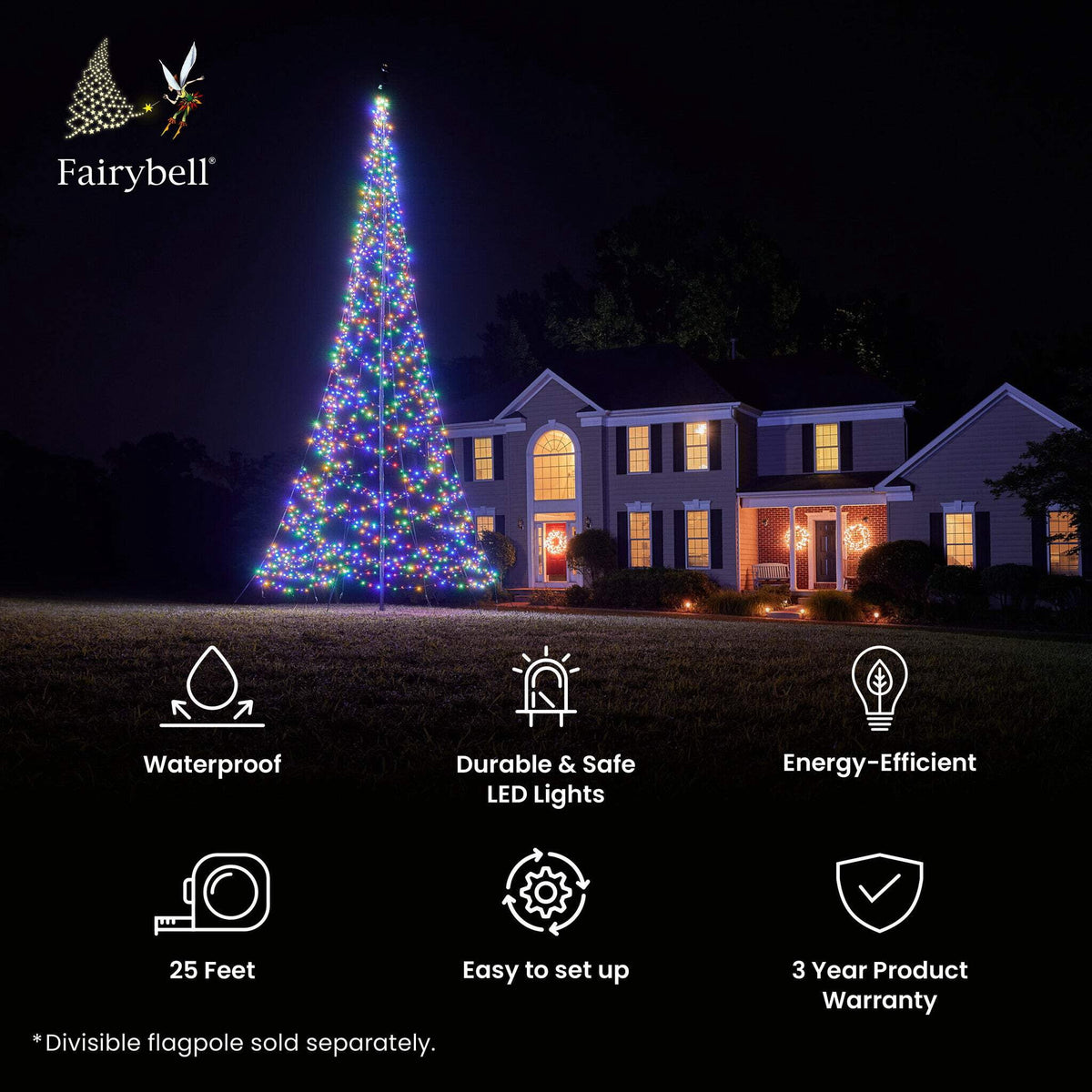 Fairybell Outdoor LED Christmas Tree (25FT 1500 LED Lights) Easy Install, Warm White Color, Pole Sold Separately