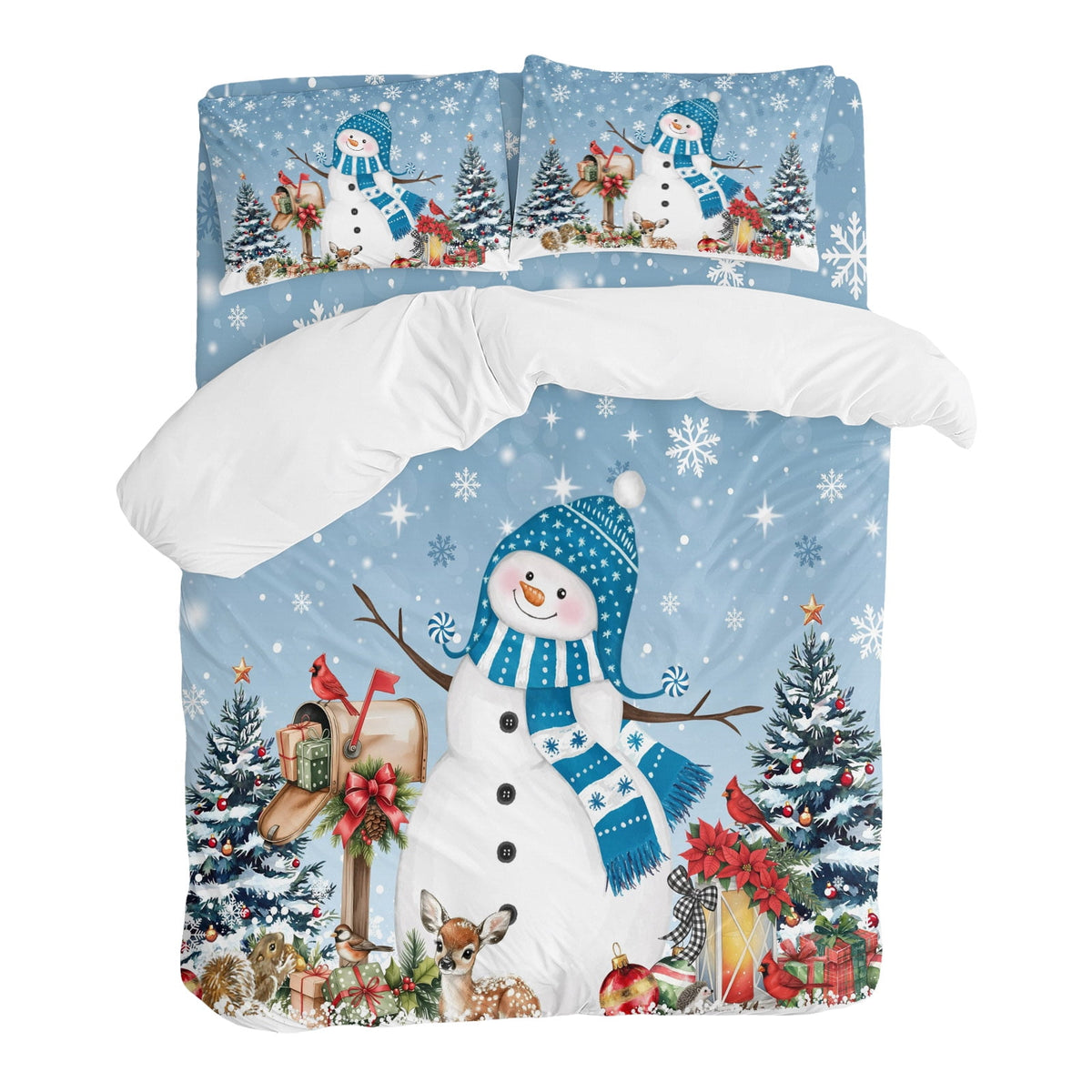 Blue Christmas Snowman Bedding Duvet Cover Set Twin Size 4 Pieces Xmas Tree Elk Balls Snowflake Bedding Set with Zipper Closure, 1 Comforter Cover 68x90 Inches 1 Flat Sheet & 2 Pillow Cases